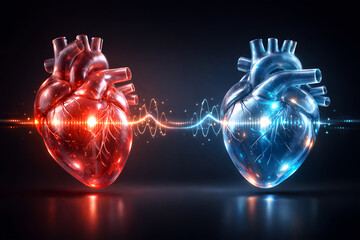 Futuristic Red and Blue Human Hearts Connected by Energy Waveform Art
