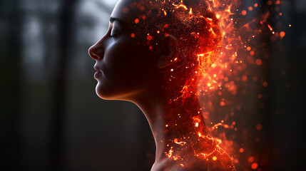 Side profile of a human face with glowing digital energy particles symbolizing artificial intelligence.