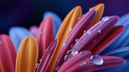 Close-up macro shot of a vibrant pink and yellow flower covered with water droplets.
