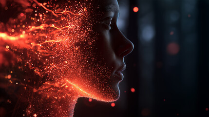 Side profile of a human face with glowing digital energy particles symbolizing artificial intelligence.
