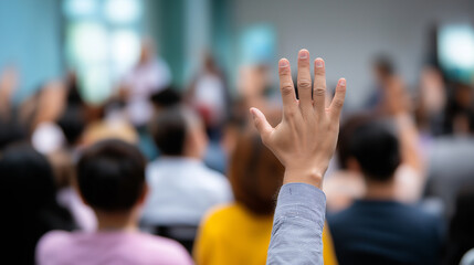 Raised hand of an audience member during a conference or public discussion event.
