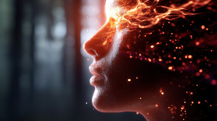 Side profile of a human face with glowing digital energy particles symbolizing artificial intelligence.
