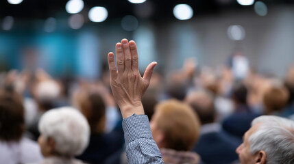 Raised hand of an audience member during a conference or public discussion event.
