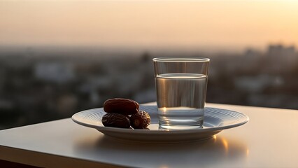 Serene sunset moment with dates and water, a tranquil scene of breaking fast and replenishment