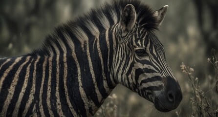 close-up of a majestic zebra in its natural habitat with striking stripes and a gentle gaze.