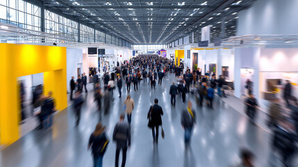 Crowd of people walking through a large modern exhibition or trade fair hall.
