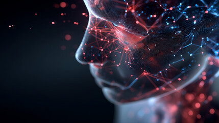 Side profile of a human face formed by glowing digital particles representing artificial intelligence and data.
