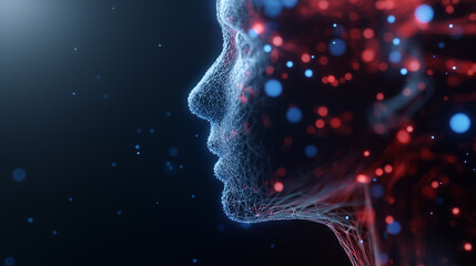 Side profile of a digital human face above a glowing data network symbolizing artificial intelligence.
