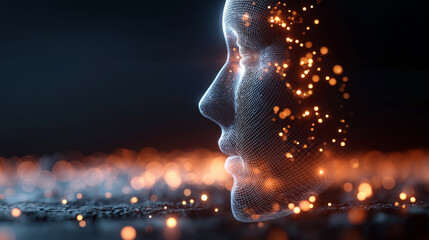Glowing human head formed from digital particles emerging from a data-driven futuristic environment.
