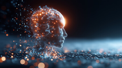 Glowing human head formed from digital particles emerging from a data-driven futuristic environment.
