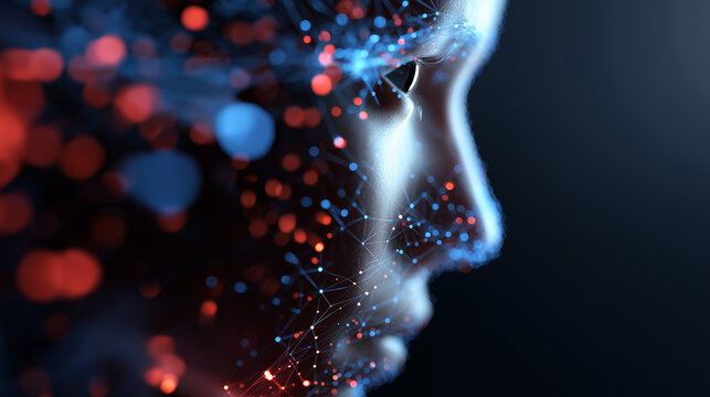 Side profile of a human face formed by glowing digital particles representing artificial intelligence and data.
 - Powered by Adobe