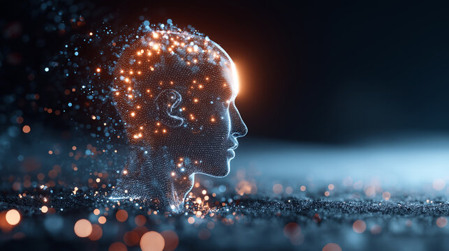 Glowing human head formed from digital particles emerging from a data-driven futuristic environment.
- Powered by Adobe