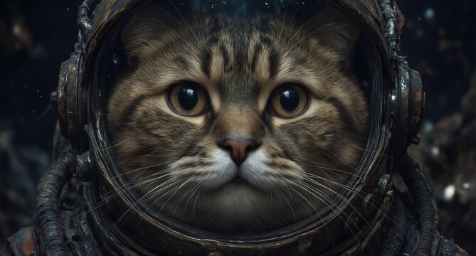 adorable tabby cat wearing a vintage astronaut helmet against a starry night sky. - Powered by Adobe