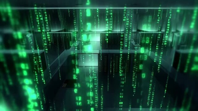 Digital Matrix of Data: A Glimpse into the Futuristic Cyber Environment with Illuminating Green Code Streams Representing Information Flow and Connectivity