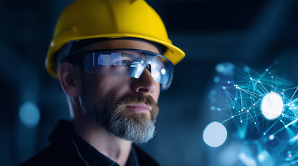 Industrial worker wearing protective gear standing against a futuristic digital factory background.
