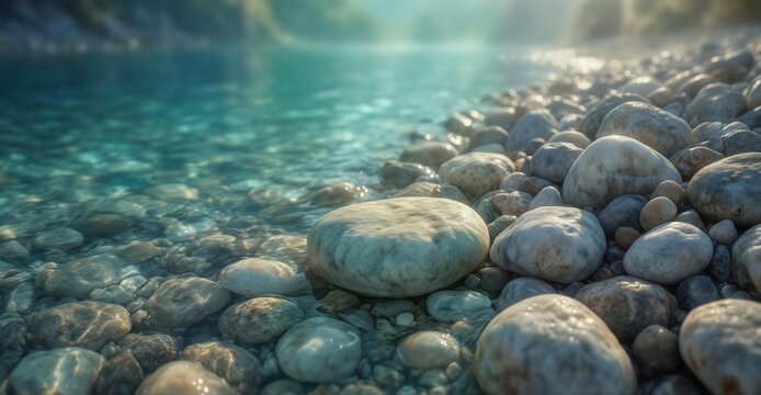 clear turquoise stream flowing over smooth river rocks with sun glints - Powered by Adobe