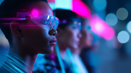 Side profile of diverse people illuminated by digital holographic interfaces symbolizing future technology and connectivity.
