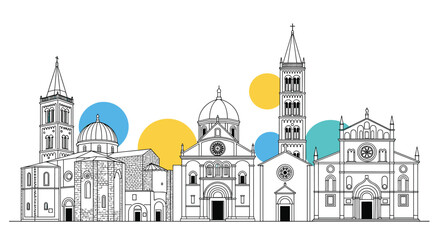 Obraz premium Architectural sketches of several different cathedrals and churches in a black and white line art style with colorful geometric circles.