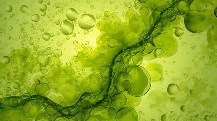 A vibrant green liquid with bubbles and a dynamic swirling pattern