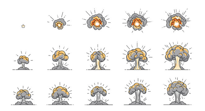 Sequence of fifteen frames showing the stages of a mushroom cloud explosion for game assets and visual effects animation resources.