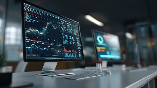 Laptop displaying financial data charts and analytics in a modern digital business environment.
 - Powered by Adobe