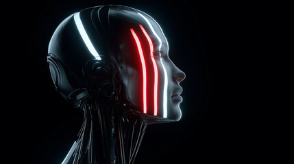 Futuristic human face illuminated by vertical laser lines representing biometric scanning and AI analysis.
