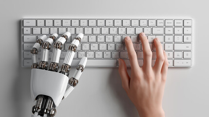 Human and robotic hands typing together on a keyboard symbolizing AI collaboration.
