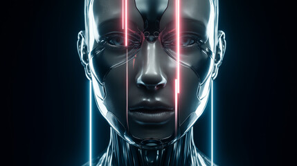 Futuristic human face illuminated by vertical laser lines representing biometric scanning and AI analysis.
