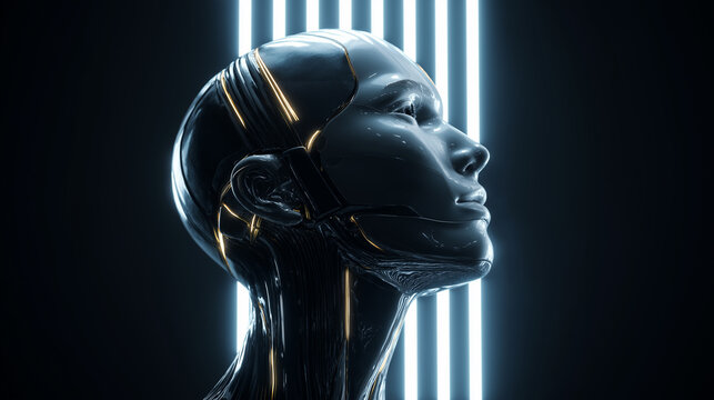Futuristic human face illuminated by vertical laser lines representing biometric scanning and AI analysis.
 - Powered by Adobe