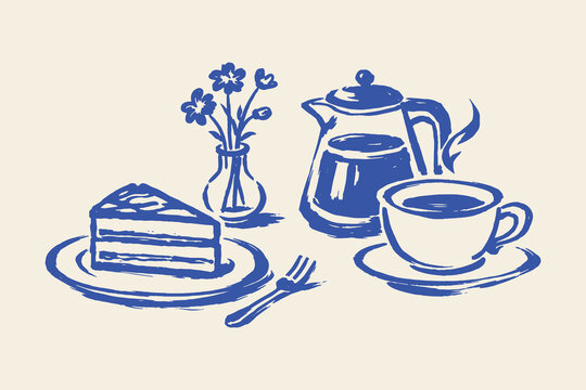 Tea set with cake hand drawn sketch vector illustration