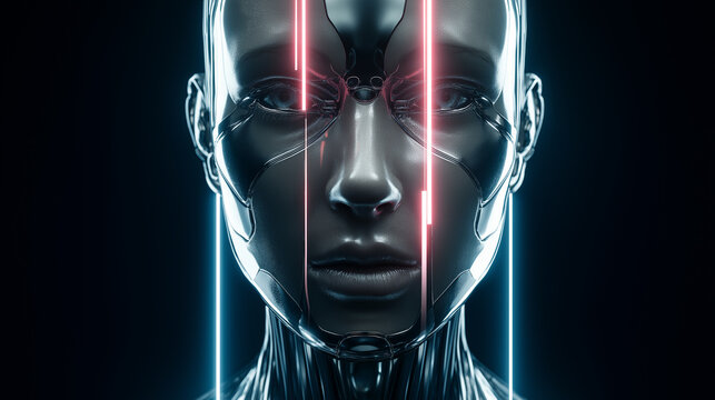 Futuristic human face illuminated by vertical laser lines representing biometric scanning and AI analysis.
 - Powered by Adobe