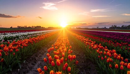 Beautiful Tulip Field at Sunrise with Golden Sun Rays.