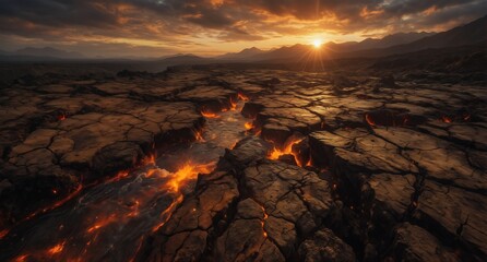 molten lava flows through cracked earth under a dramatic sunset sky, volcanic landscape.