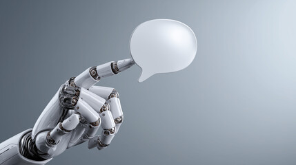 Robotic hand holding a blank speech bubble symbolizing artificial intelligence communication.
