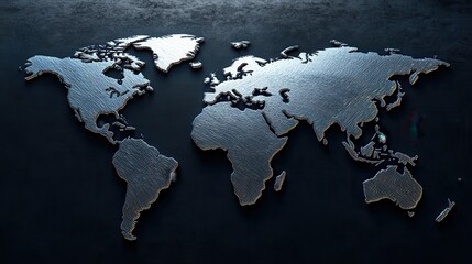 A detailed three dimensional metallic world map sculpture with continents and oceans crafted from polished silver and steel set against a dark textured background