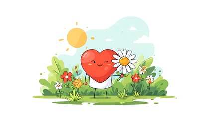 Heart Character Holding Daisy in Garden Vector Illustration
