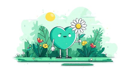 Heart Character Holding Daisy in Garden Vector Illustration
