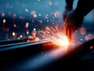Craftsman grinding metal creating sparks in workshop