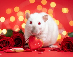 Red Valentine's Day background, white rat with red eyes eating heart-shaped cookie, roses, confetti and light in the background.