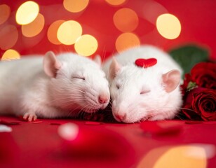Red Valentine's Day background, two white rats sleeping on each other, roses, confetti and light in the background.