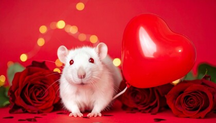 Red Valentine's Day background, white rat with red eyes holding a red heart-shaped balloon, roses, confetti and light in the background.