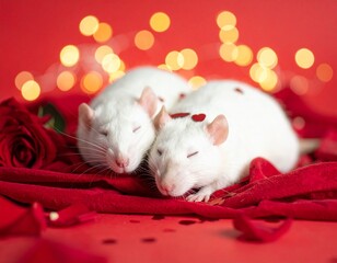 Red Valentine's Day background, two white rats sleeping on each other, roses, confetti and light in the background.