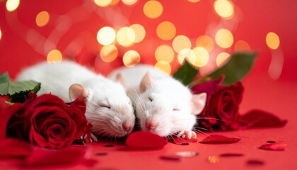 Red Valentine's Day background, two white rats sleeping on each other, roses, confetti and light in the background.