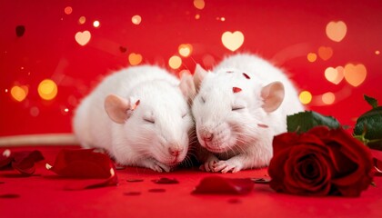 Red Valentine's Day background, two white rats sleeping on each other, roses, confetti and light in the background.