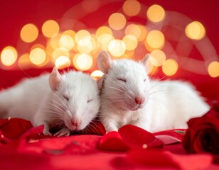 Red Valentine's Day background, two white rats sleeping on each other, roses, confetti and light in the background.