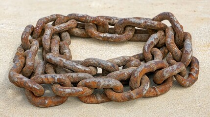 Fototapeta premium A Heavy Rusty Steel Anchor Chain With Corroded Links Lying On A Sandy Surface