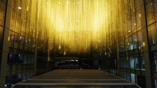 Captivating Golden Illumination: A Stunning Display of Hanging Lights in a Modern Architectural Space Highlighting Design and Ambiance