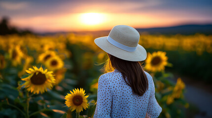 Young woman walking through a blooming sunflower field during golden hour at sunset.

