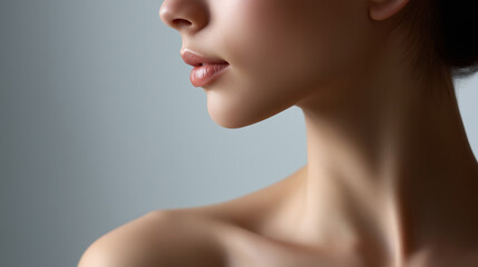 Minimal beauty portrait of a woman&rsquo;s neck and jawline with natural skin and soft lighting.
