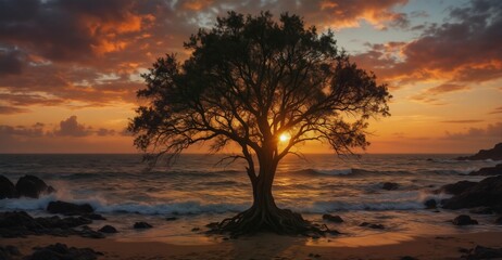 silhouetted coastal tree at sunset with vibrant orange and dramatic sky over ocean waves.